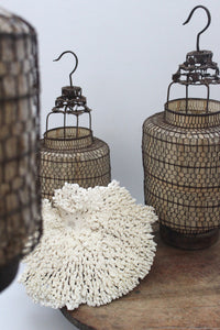 Antique Chinese paper wire hanging lanterns with wooden base
