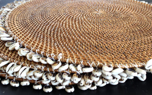 Natural rattan round platter with hand stringed shells