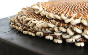 Natural rattan round platter with hand stringed shells